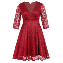 Hanna Nikole Plus Size Dreiviertel Länge Ärmel V-Ausschnitt Red Lace Frauen Kleid HN0022-2